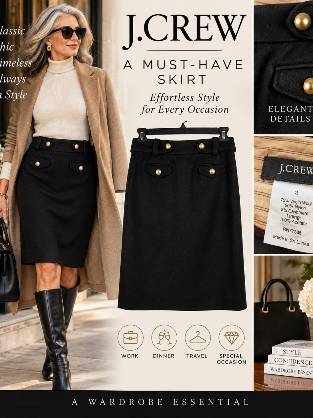 J.Crew Black Wool Cashmere Pencil Skirt Size 2 Gold Button Pockets